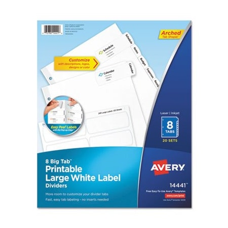 Avery, BIG TAB PRINTABLE LARGE WHITE LABEL TAB DIVIDERS, 8-TAB, LETTER, 20PK